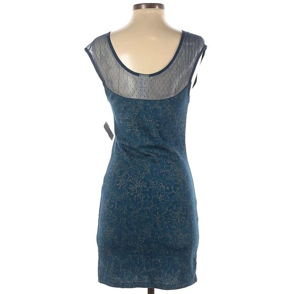 Free People Mini Dress in Blue w/Gold Metallic Floral Pattern Net @Neckline-Sz M - Picture 2 of 12